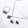 Silver alloy jewelry set with green square rhinestones on elegant white silk background - Necklace + Ring + Earrings + Bracelet (MS5092)