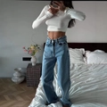 Classic blue high waist wide leg jeans paired with white long sleeve cropped knit top - S / Ready Stock / Blue