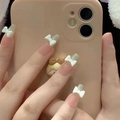 Pink gradient press-on nails with green tips and 3D white bow decorations - Matcha Green French Bowknot (N5125)