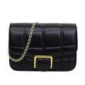 Elegant black quilted crossbody bag with gold square buckle and chain strap on white background - Black