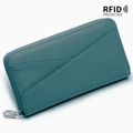 Teal blue genuine leather long wallet with RFID protection and textured litchi grain finish - Lake Blue