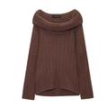 Pull en maille marron à épaules dénudées avec texture côtelée et large col revers - S / café