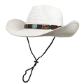 Close-up of white straw cowboy hat with leather band, wooden beads and turquoise detail - M (56-58cm) / Pure White