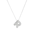 Macro detail of silver bubble letter P pendant with sparkling cubic zirconia pavé setting - Letter R
