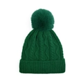 Detailed knit pattern and faux fox fur pompom on dark green winter beanie hat - Green - Single Ball Adult Knitted Hat