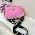 Chic pink pebble faux leather camera bag with stylish geometric patterned wide shoulder strap - Pink