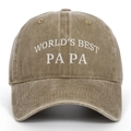 Macro detail of World's Best Papa white embroidery on khaki washed cotton baseball cap - Adjustable / Washed Khaki