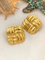 Close-up of golden square stud earrings with unique woven texture and polished finish - Square Weave Texture