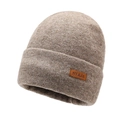Winter knitted beanie in oatmeal beige melange with a stylish leather patch - Khaki