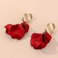 Elegant gold metal stud earrings with delicate red rose flower petals for women - Red