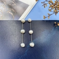 Elegant gold drop earrings with three natural freshwater pearls on fine gold chains - Stud-3 Pearls / Gold