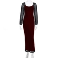 Detail of burgundy velvet dress featuring elegant black mesh sleeves and hemline inserts - S / Burgundy
