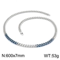 Silver Cuban link necklace with blue patterned accents 600x7mm 53g stainless steel - B-Style Blue Necklace (KN200396-KLHQ)