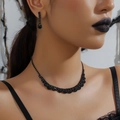 Elegant black butterfly tassel necklace and earrings set worn by model in high-quality detail - Black Bead Wavy Lace Style (DTN14027289GU-BK)