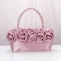 Borsa a mano in raso rosa con rose 3D e manico di perle per eventi eleganti - Viola Champagne