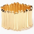 Wide golden textured cuff bracelet with double-layer pearl accent and wavy ridged finish - Serrated Rippled Texture (SZYS-003HJ-J)