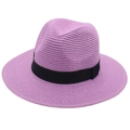 Detail of lilac purple straw Panama hat featuring dense spiral weave and black ribbon band - One Size / Taro Purple