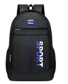Men's sports backpack in black and blue featuring a large SPORT print and side mesh pocket - 8008 Blue