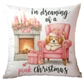 Pink Christmas snowman plush pillowcase with cozy fireplace and sleeping puppy print - Dreaming of Pink Christmas (TQDS88-11)