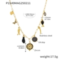 Gold stainless steel link necklace with zircon charms including fish and evil eye pendants - Gold Black Zirconia