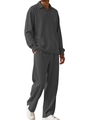 Men's dark grey polo set with textured diamond jacquard long sleeve top and pants - S / Gray