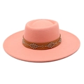 Detail of coral pink wool felt fedora with a studded brown leather hatband and flat brim - Adult 57-59cm / Dusky Pink