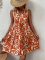 Detail of bohemian orange and white floral print dress with V-neckline for summer - S / Tops / Orange