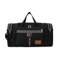 Detalle de bolsa de viaje negra con rayas grises y cinta gráfica naranja resistente - Negro