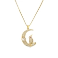 Elegant gold crescent moon and bird pendant necklace with sparkling clear crystals - Crescent Moon and Bird Style