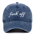 Distressed dark blue washed cotton baseball cap with white fuck off embroidery - Navy Blue