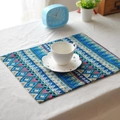 Rectangular blue linen placemat featuring a geometric ethnic pattern for dining table - Blue and White Porcelain