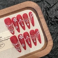 Exquisite handmade red press-on nails with peony pattern and pearl embellishments - Extra Small (XS) / Style 2706 Long Teardrop