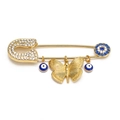 Macro detail of golden butterfly pin with blue evil eye charms and sparkling rhinestones - Gold Butterfly - Evil Eye