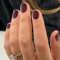 Short round burgundy press-on nails with shiny finish and a gold crystal ring - Burgundy (JP2639)