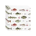 Detailed view of paper napkins with vintage fish illustrations and fishing tackle motifs - Fishing Printed Paper Napkins