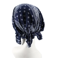 Pre-tied headscarf cap with classic white paisley print on deep blue elastic fabric - Navy Paisley