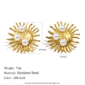 Retro stainless steel 18K gold sunburst stud earrings with glossy pearl center - Faux Pearl Sunburst Stud Earrings - Gold