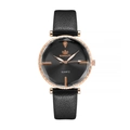 Minimalist quartz watch with rose gold case, black leather strap and rhinestone dial - Black