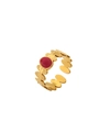 Adjustable 18k gold plated ring featuring leaf textures and a red enamel floral center - Adjustable Open / Leaf Pattern Red Circle Style