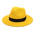 Detailed close-up of woven straw texture and black grosgrain ribbon on bright yellow sun hat - Yellow