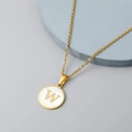 18K gold plated necklace with round white shell pendant featuring golden letter W - Letter W Style / Gold