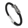 Bracciale da uomo in pelle nera intrecciata con chiusura a forma di testa di drago in metallo - 22cm Pelle Nera Color Acciaio