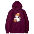 Burgundy Halloween hoodie featuring cartoon ghosts and pumpkins with a front pouch pocket - Burgundy