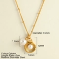 Golden stainless steel shell and pearl necklace variant with detailed dimensions - Imitation Pearl + Shell(25165)