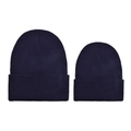 Detail view of two navy blue knitted beanies in adult and child sizes on white background - Navy Blue