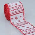 Close-up of white linen ribbon with red Merry Christmas print and snowflake patterns - White Red Artistic Merry Christmas (Style 5)