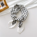 Silk neckerchief featuring a black and white geometric grid pattern and zigzag borders - Windmill Zigzag White