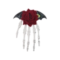 Gothic Halloween hair clip with red rose, black bat wings and white skeleton hand - Black Bat Dark Red Rose - Vintage Skeleton Hand