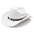 Chapeau de cowboy classique en feutre blanc avec pierre turquoise et ruban marron - M (56-58cm) / Blanc