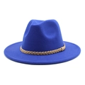 Close-up of royal blue wool fedora hat featuring a brown braided rope decorative band - M (56-58cm) / Blue